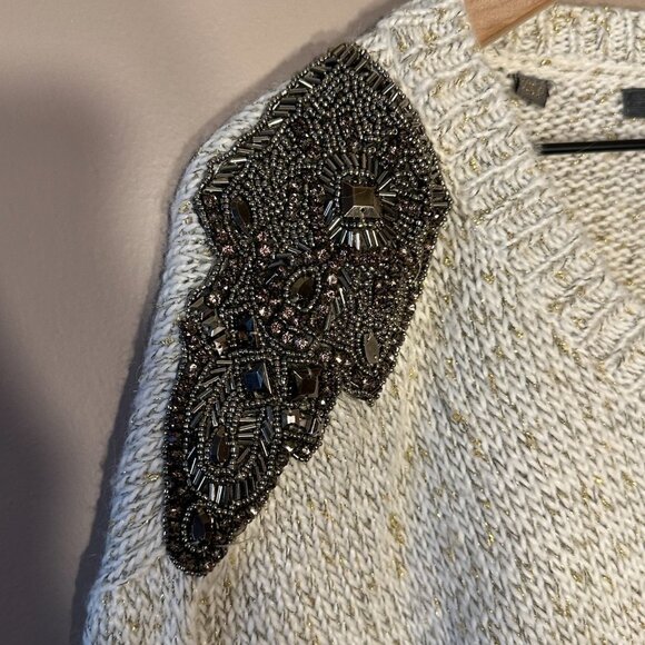 Women's L Guess Embellished Sweater White Metallic Gold Thread Crew Neck - Picture 5 of 10